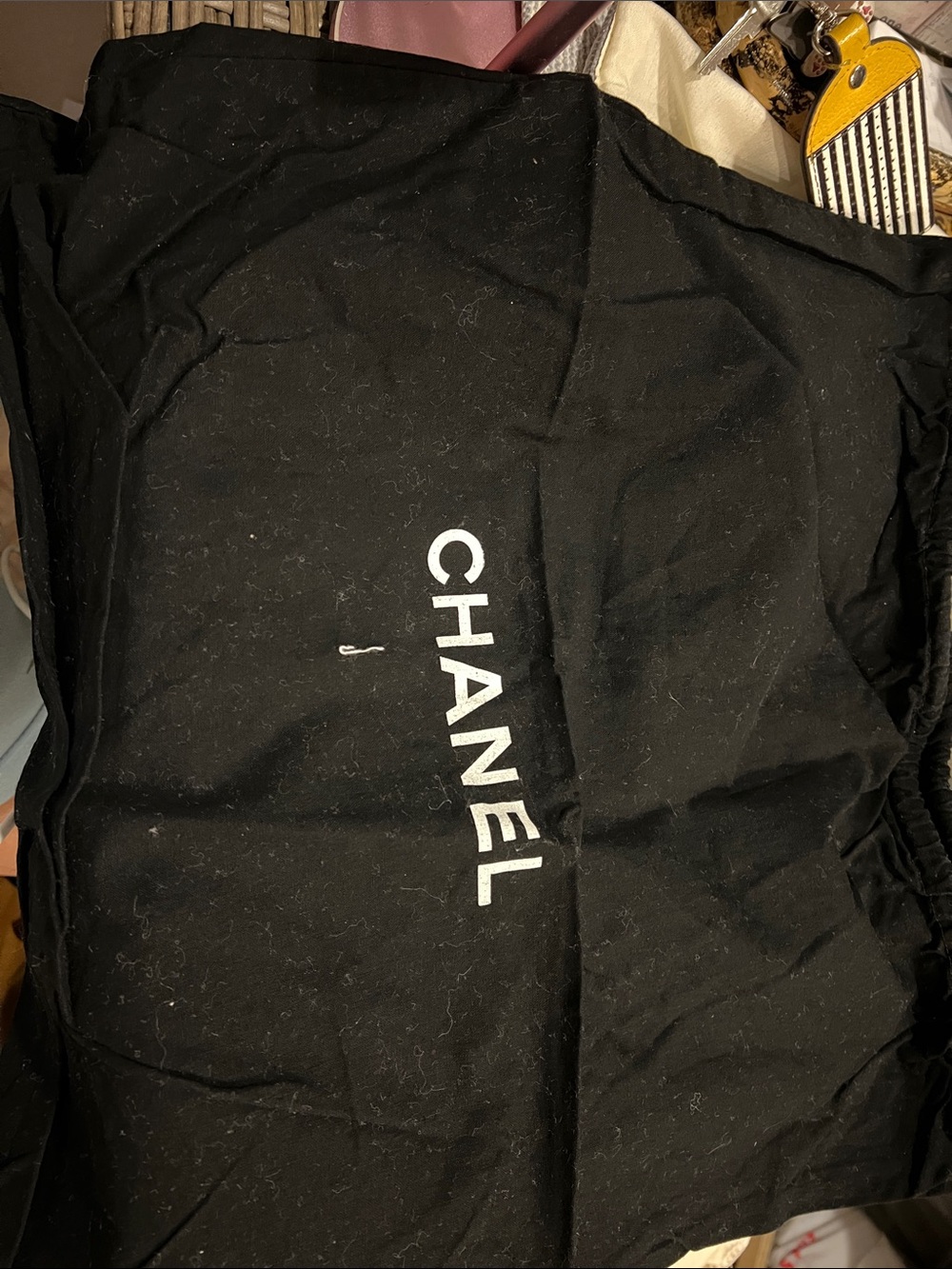 CHANEL Black and White Logo fabric Drawstring Dust Bag